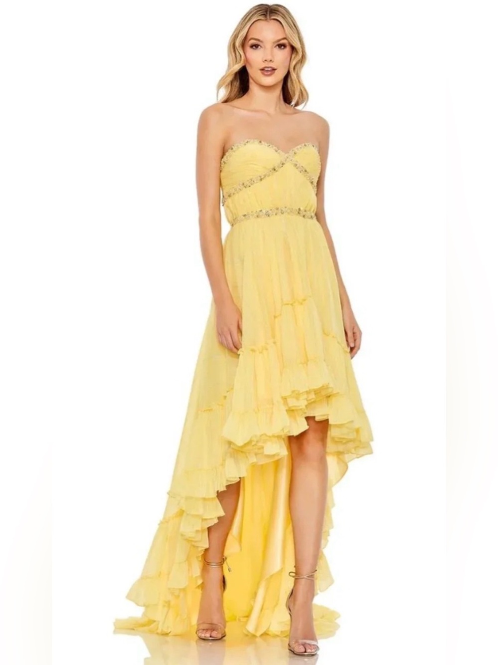Mac Duggal 68096 Strapless Beaded Chiffon High Low Yellow Gown NWT Formal Sz 2